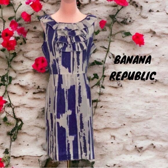 BANANA REPUBLIC WOMENS SLEEVELESS DRESS SIZE 6 RUFFLE DETAIL BLUE WHITE GRAY - Picture 1 of 8